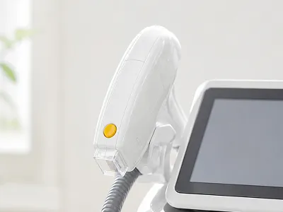 White handheld medical device with a yellow indicator light, mounted on a flexible arm next to a touchscreen control panel.