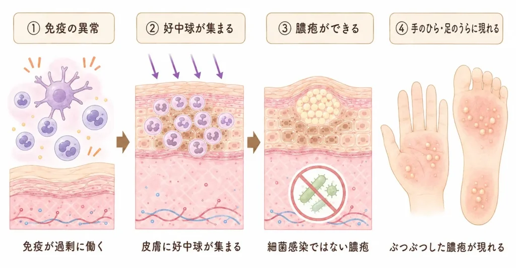 掌と足の裏に現れる小さな嚢胞の発生過程を示す、免疫異常と好中球の集積、膿胞形成の図