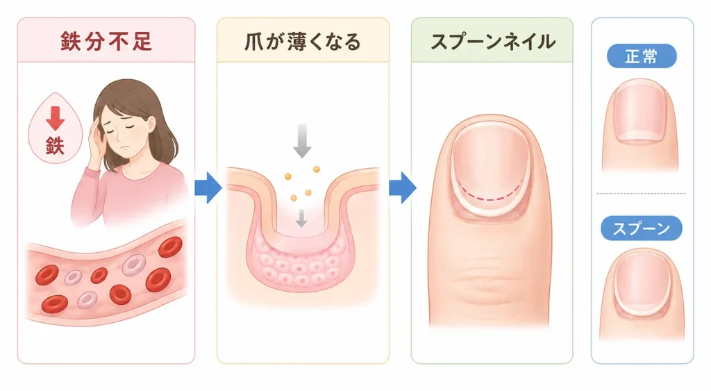 Iron deficiency infographic showing fatigue, iron absorption in the intestine, and spoon nails; labels read 正常, スプーンネイル.