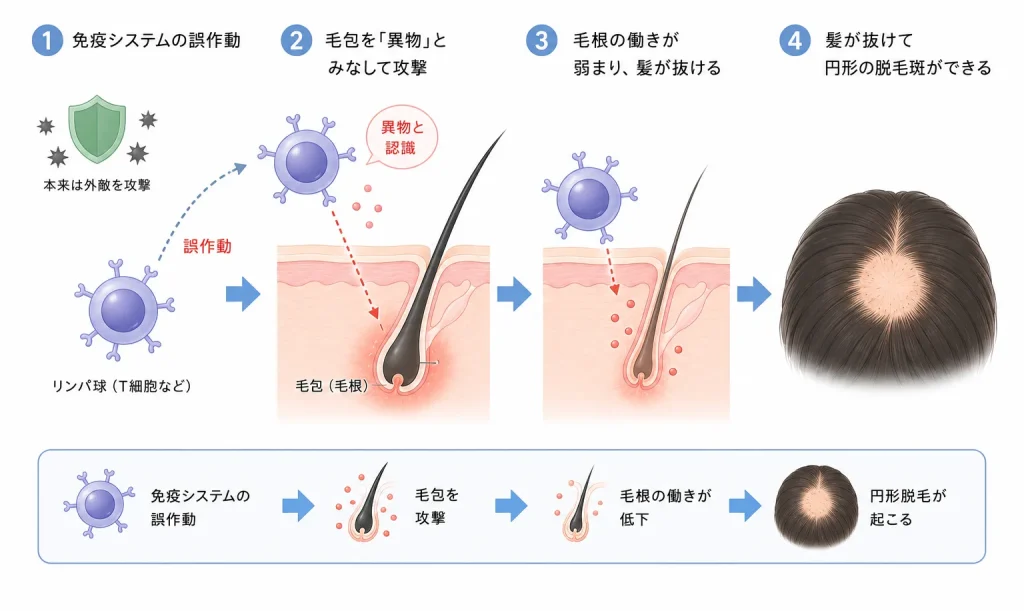 Infographic showing how autoimmune reaction damages hair follicles, leading to circular bald patches (alopecia) with labeled steps and a portrait of a person with a bald spot at the top of the head.