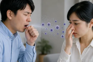 A man coughs into his fist while a woman covers her nose, with purple virus particles floating between them to depict illness spread.