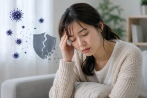 Woman sits on a couch, eyes closed, hand to her temple, as floating virus icons and a cracked shield illustrate illness or immune distress.