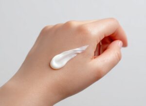 Back of a hand with a dollop of white moisturizer/cream spread on the skin.