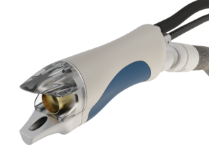 Dental curing light handheld device used to harden dental fillings, with blue grip and clear head